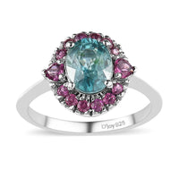 Cambodian Blue Zircon, Orissa Rhodolite Garnet Ring in Platinum Over Sterling Silver (Size 10.0) 2.90 ctw