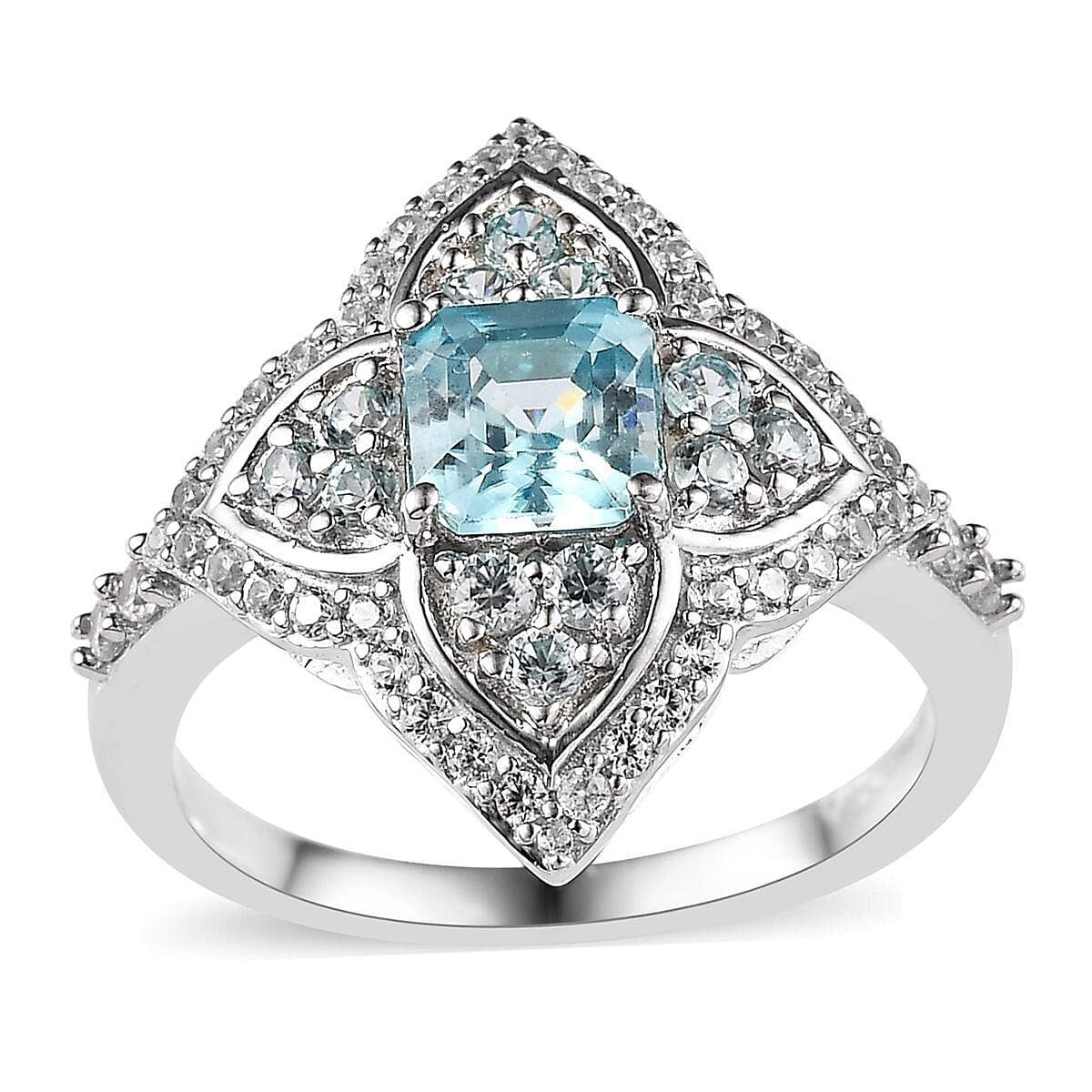 Cambodian Blue Zircon and White Zircon Ring in Platinum Over Sterling Silver (Size 10.0) 2.80 ctw