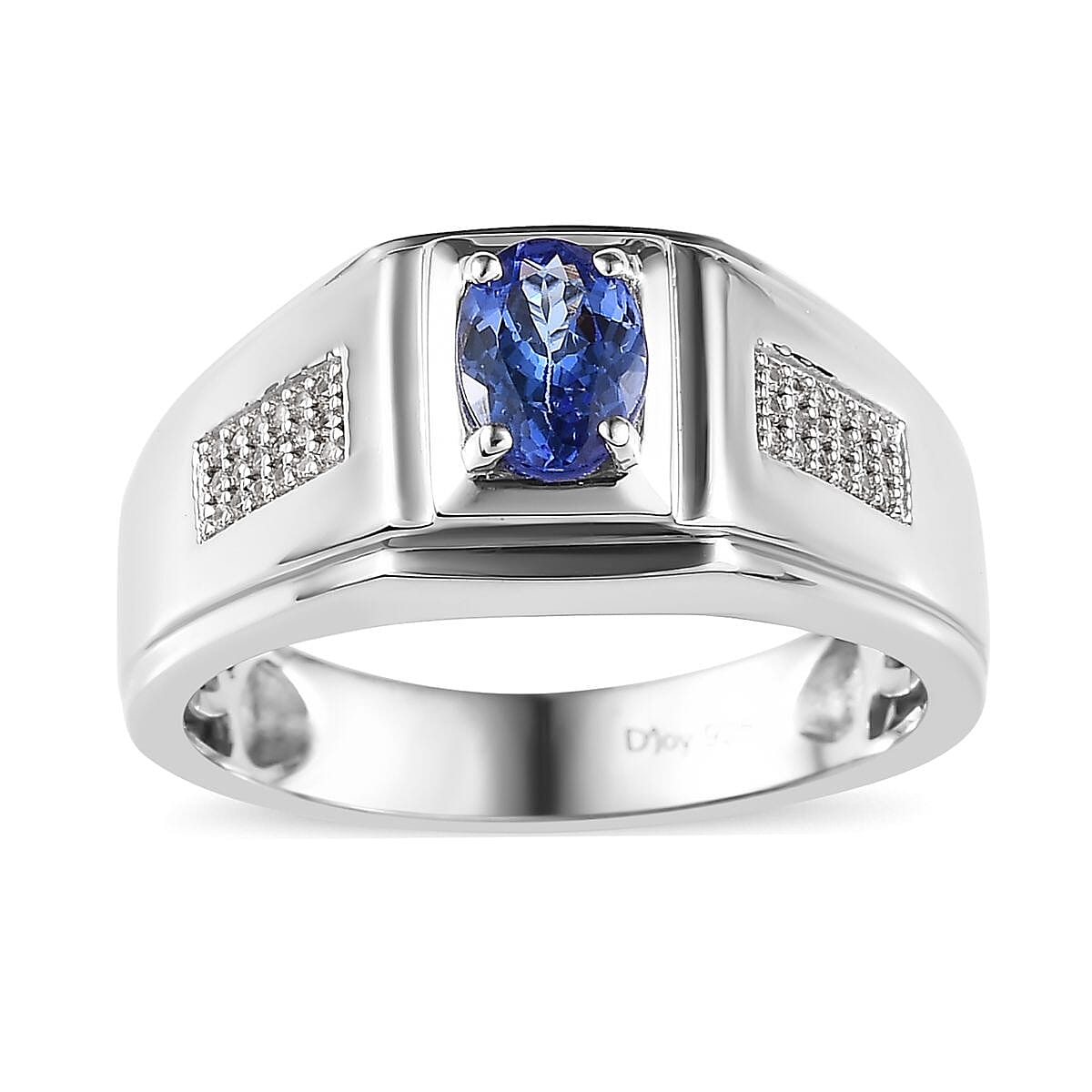 AAA Tanzanite and White Zircon Men's Ring in Platinum Over Sterling Silver (Size 10.0) 0.90 ctw
