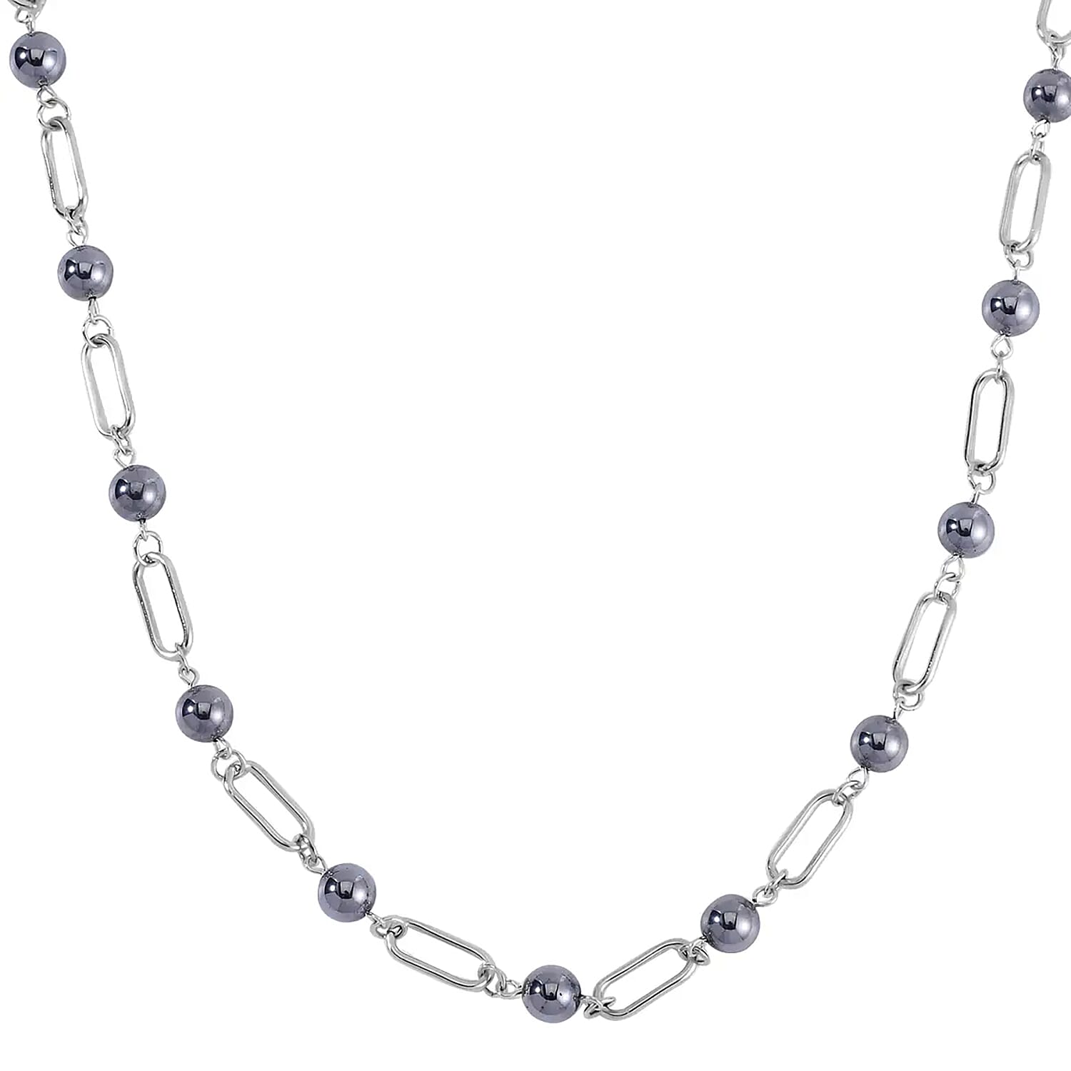 Terahertz 53.00 ctw Beaded Paper Clip Chain Station Necklace 20-21 Inches in Stainless Steel