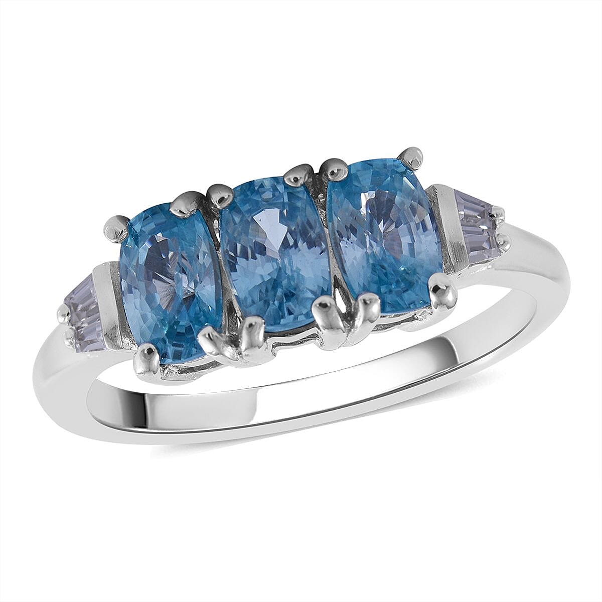 Cambodian Blue Zircon and White Zircon Trilogy Ring in Platinum Over Sterling Silver (Size 10.0) 2.70 ctw