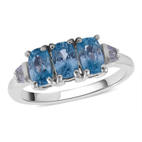 Cambodian Blue Zircon and White Zircon Trilogy Ring in Platinum Over Sterling Silver (Size 10.0) 2.70 ctw