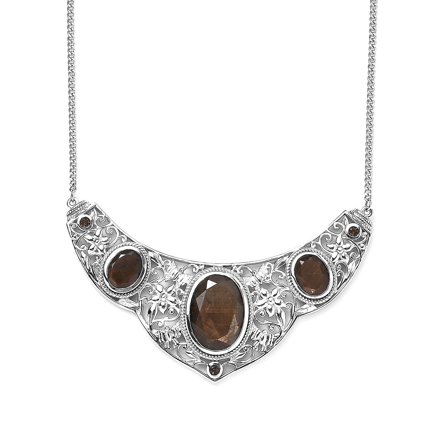 D'Joy Chocolate Sapphire and Smoky Quartz Necklace 18 Inches in Platinum Over Sterling Silver 22.15 ctw