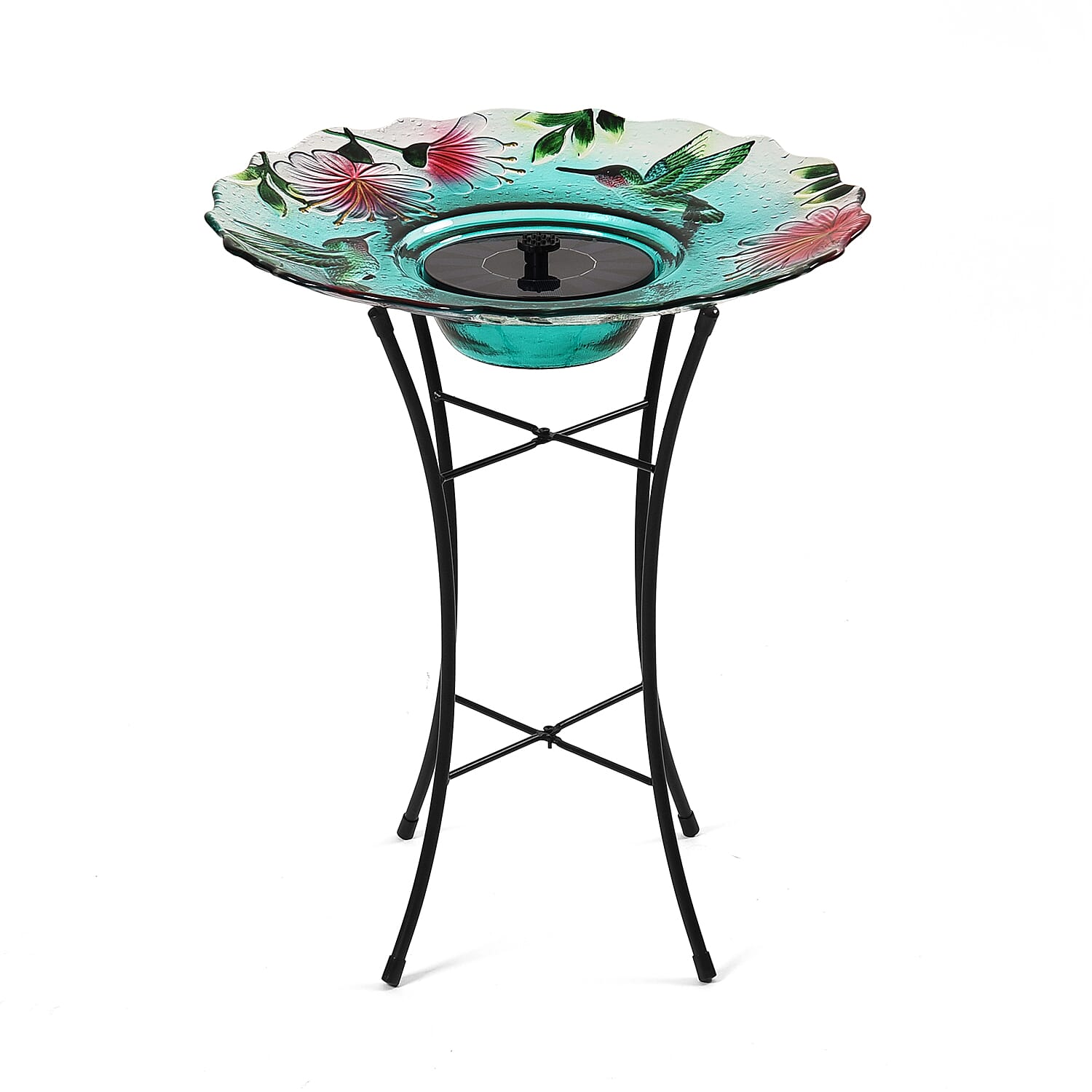 Solar Hummingbird Pattern Hand Painted Glass Bird Bath Water Fountain (18.11"x18.11"x23.22")