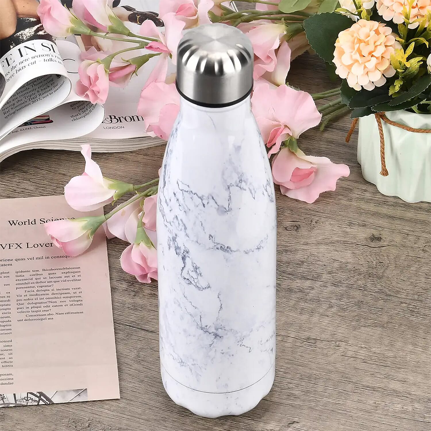 White Marble Pattern Stainless Steel Water Bottle (500 ml)