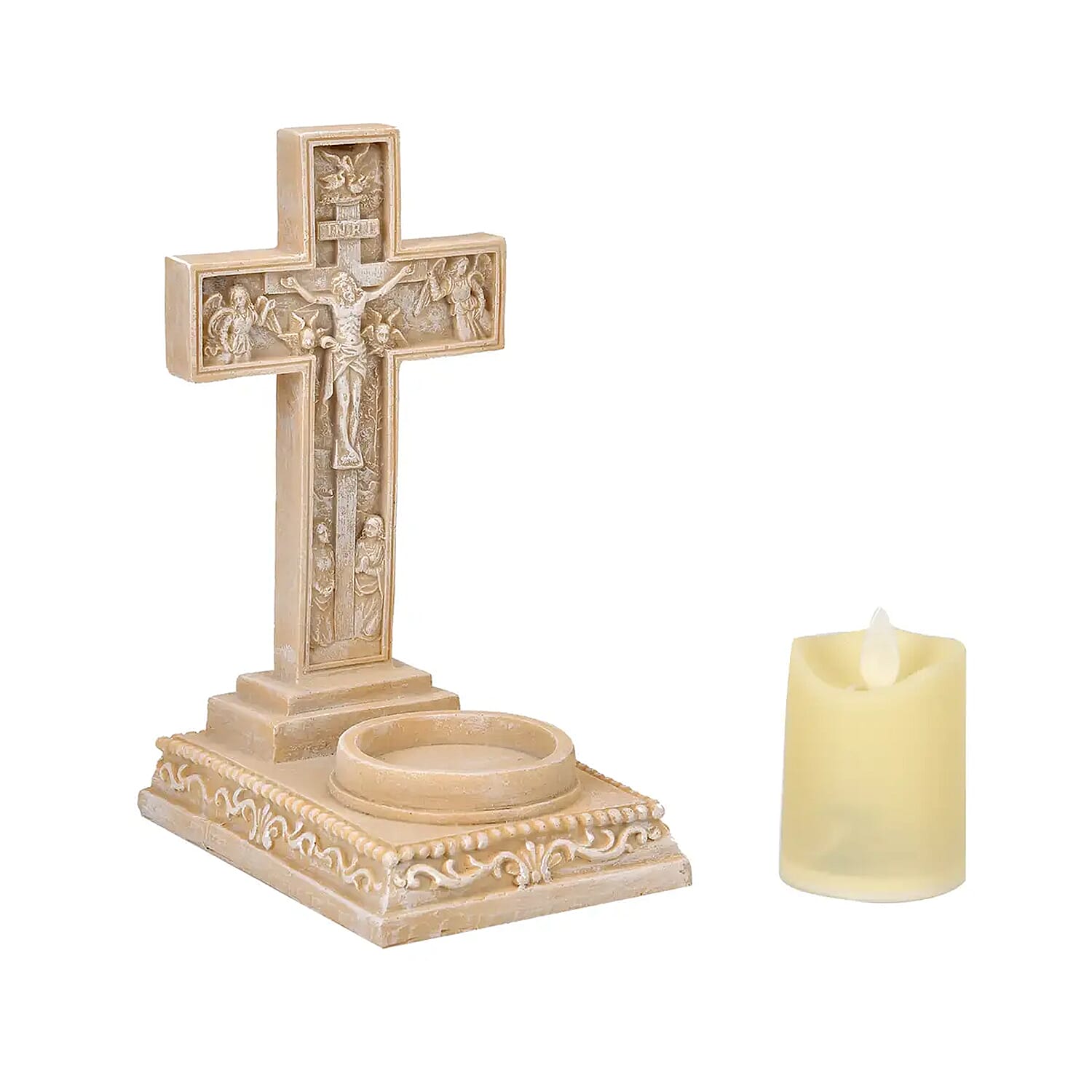Resin Crucifix Standing Cross Decor with Flameless LED Candle (Powered by CR2032 Lithium Cell Battery) (4.33"x3.93"x8.07")