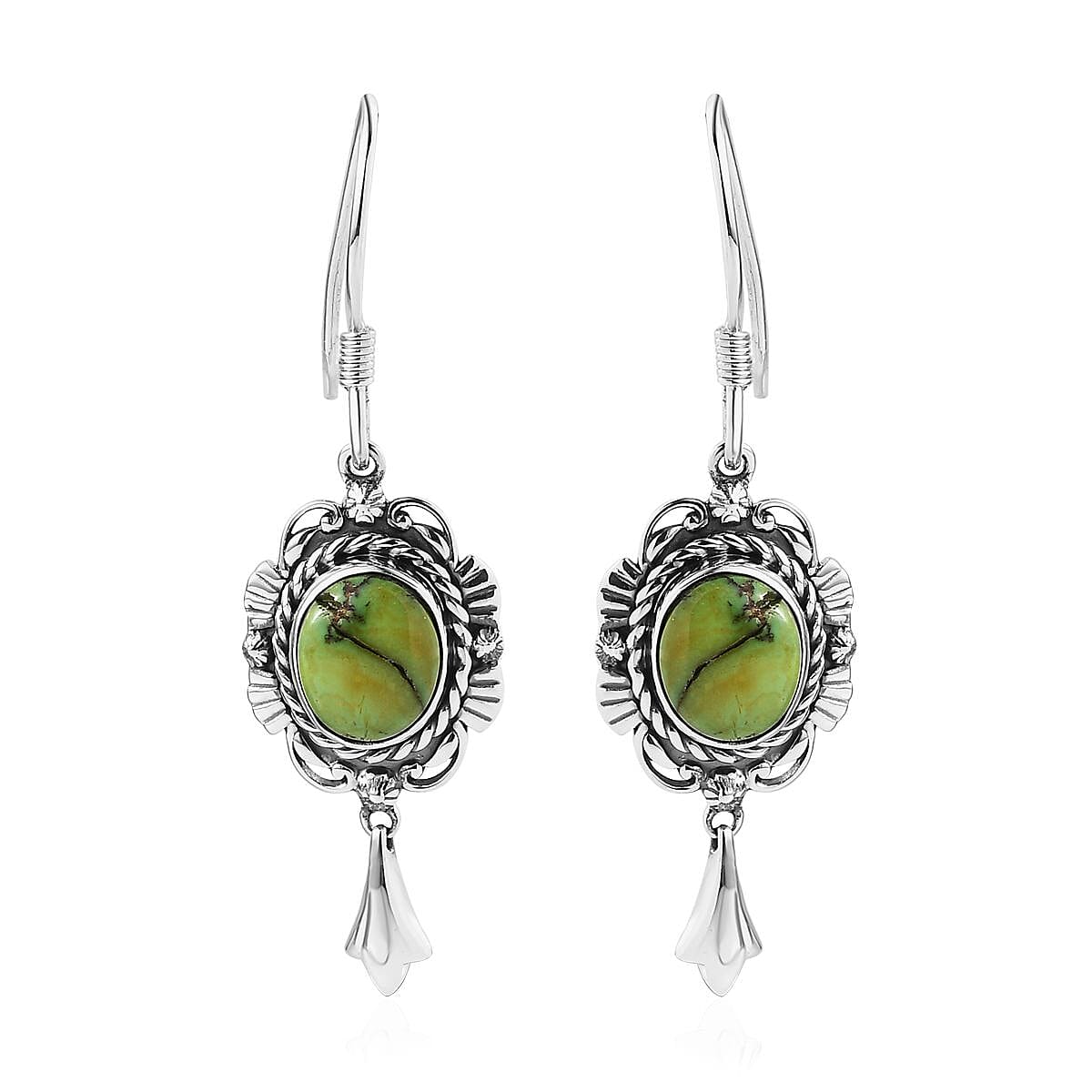 Artisan Crafted Sonoran Gold Turquoise Dangle Earrings in Black Oxidized Sterling Silver 2.50 ctw