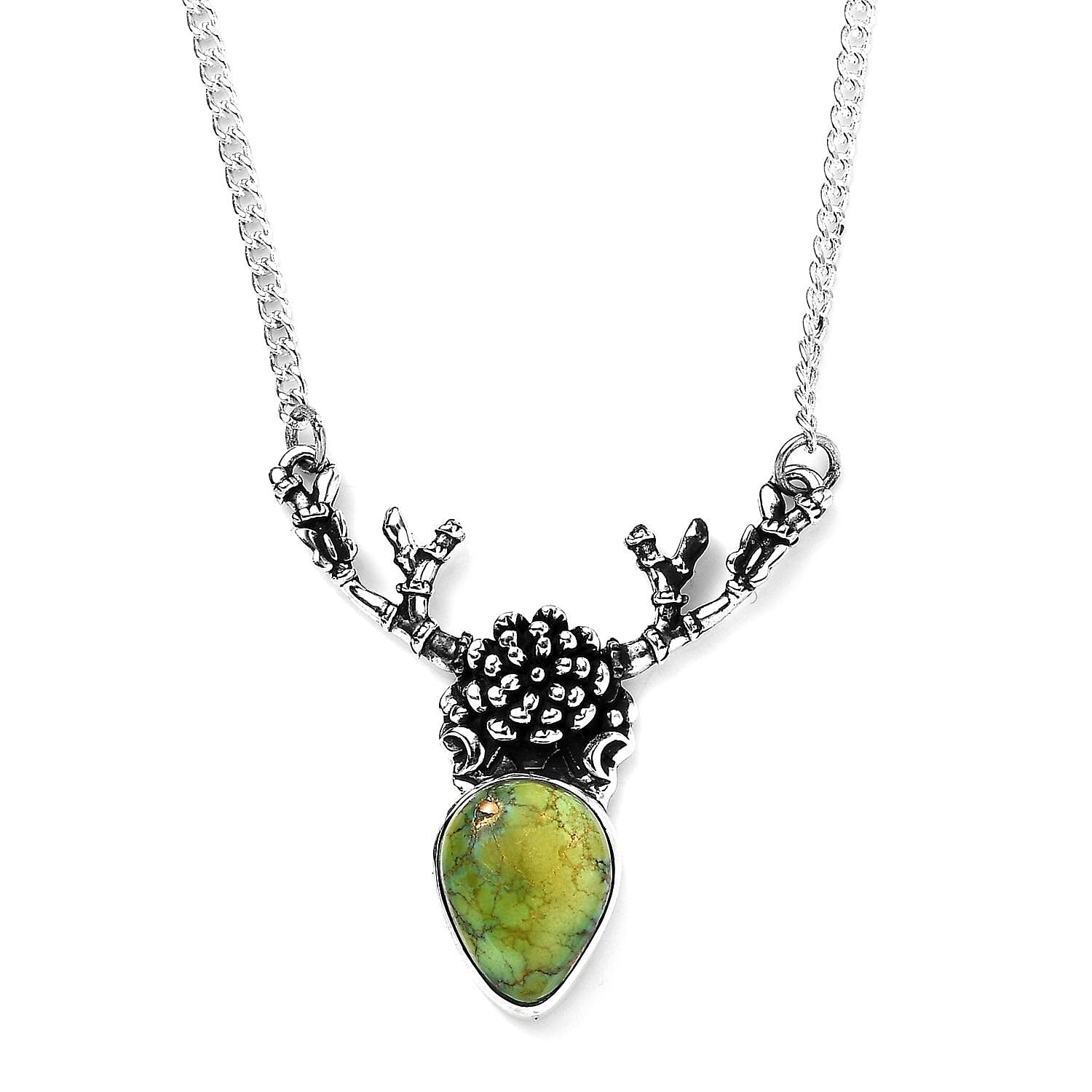 Artisan Crafted Sonoran Gold Turquoise Deer Necklace 18-20 Inches in Black Oxidized Sterling Silver 3.50 ctw