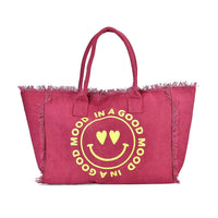 Navy Collection Wine Red Color Smiling Face with Heart-Eyes Printed Tote Bag (17.7"x7.9"x13.4")
