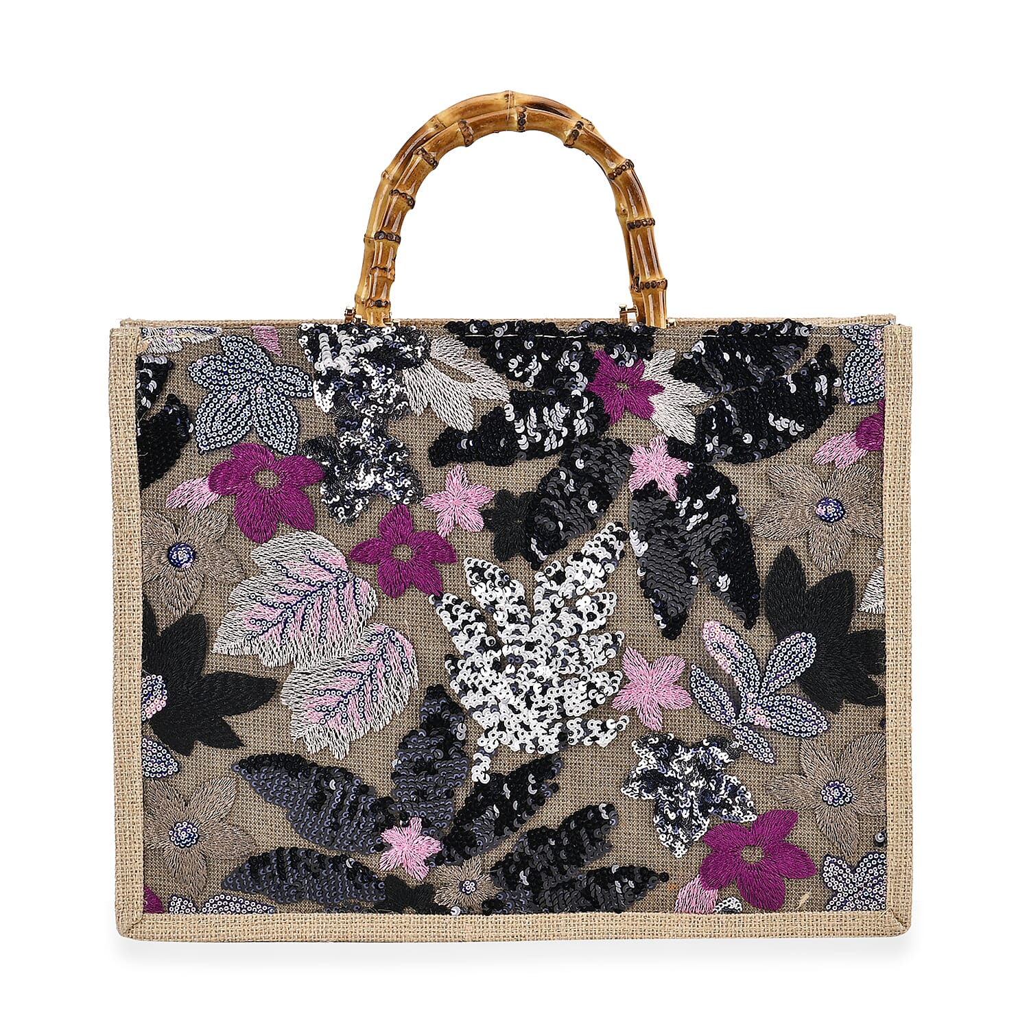 Black with Flower Sequin Tote Bag with Bamboo Handle Drop (15"x4.3"x11.4")