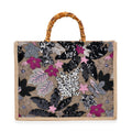 Black with Flower Sequin Tote Bag with Bamboo Handle Drop (15"x4.3"x11.4") - Sticky add to cart bar