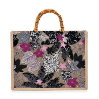 Black with Flower Sequin Tote Bag with Bamboo Handle Drop (15"x4.3"x11.4")