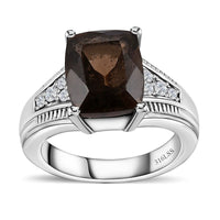Brazilian Smoky Quartz, White Zircon Ring in Stainless Steel (Size 10.0) 4.25 ctw