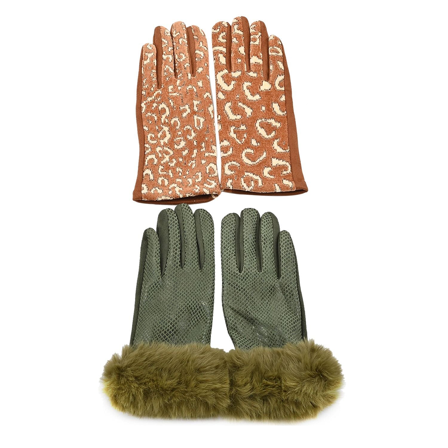 Set of 2 Pairs Animal Print Gloves With Touchscreen Fingers And Faux Fur Cuff, Ultra Soft Gloves (1pr Leopard and 1pr Snake)- Gold