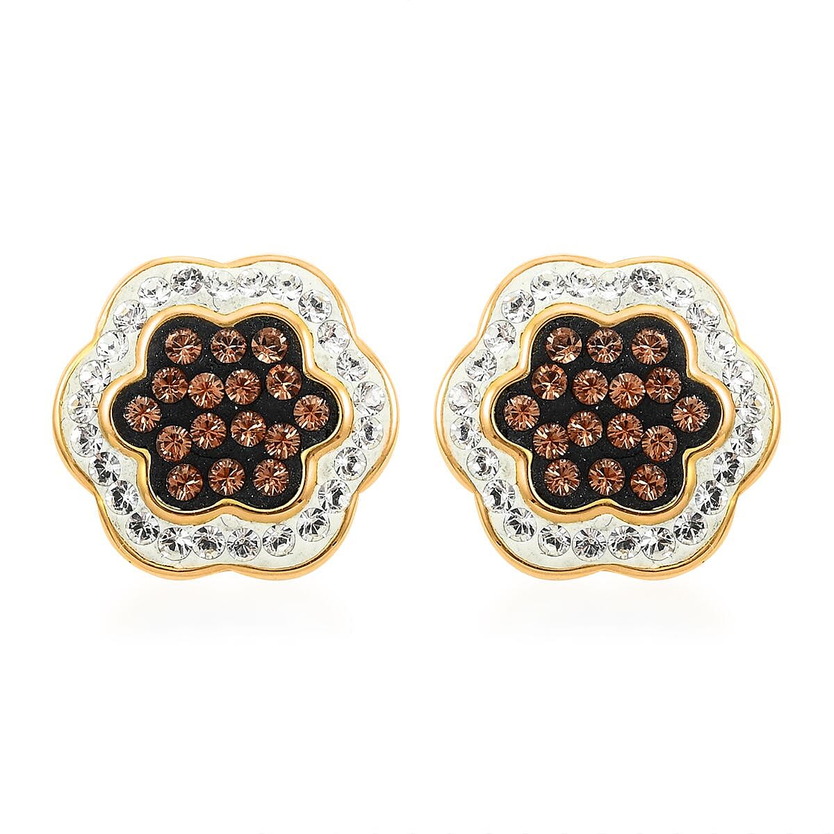 White and Champagne Color Austrian Crystal Earrings in Goldtone