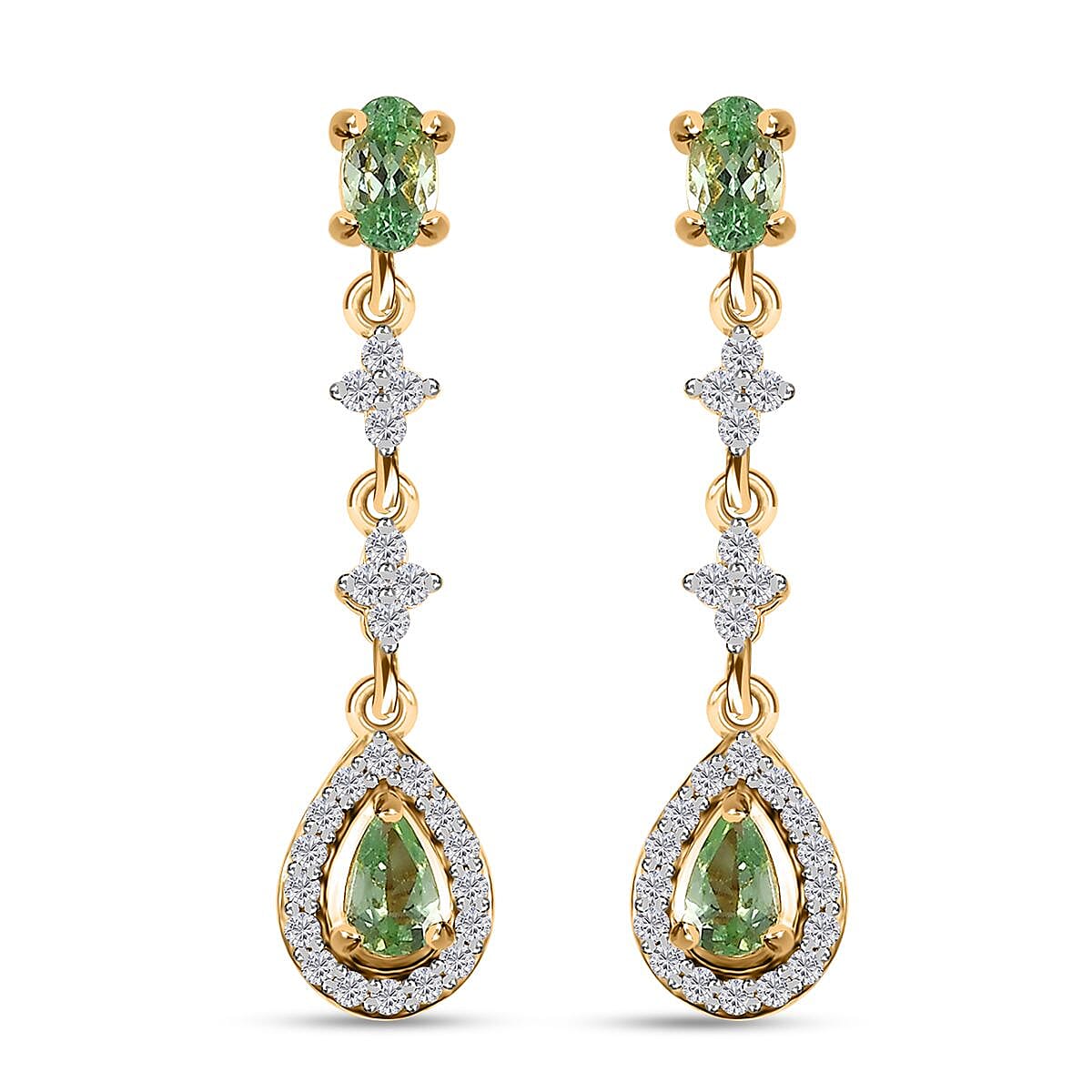 Tsavorite Garnet and White Zircon Dangling Earrings in Vermeil Yellow Gold Over Sterling Silver 1.50 ctw