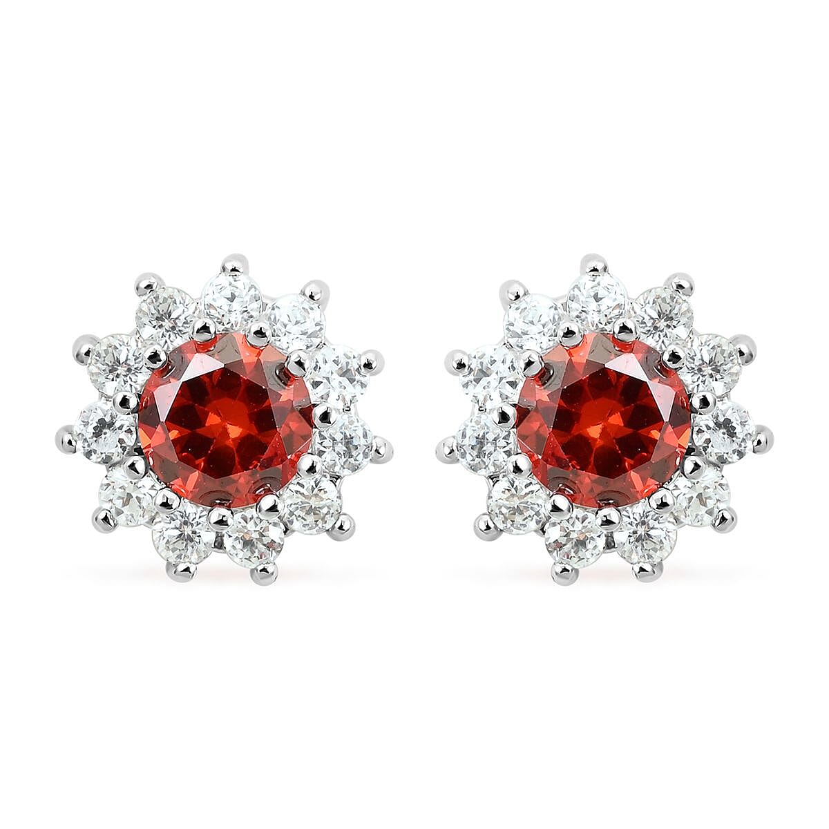 Simulated Red and White Diamond Halo Stud Earrings in Silvertone