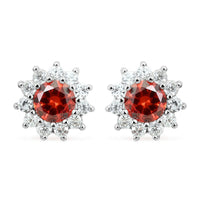 Simulated Red and White Diamond Halo Stud Earrings in Silvertone