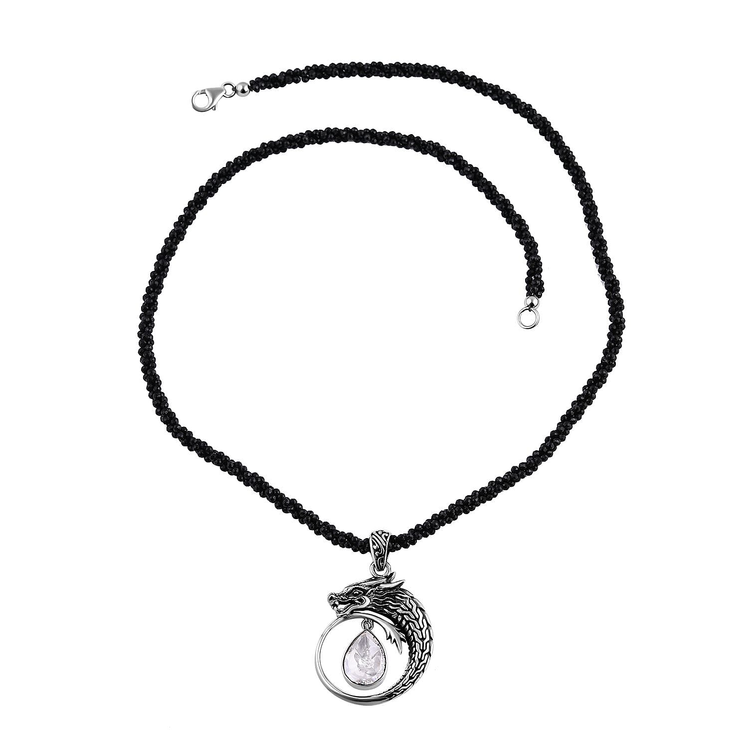 TLV Bali Legacy Polki Moissanite, Thai Black Spinel Beaded Dragon Necklace (20 Inches) in Sterling Silver 71.40 ctw