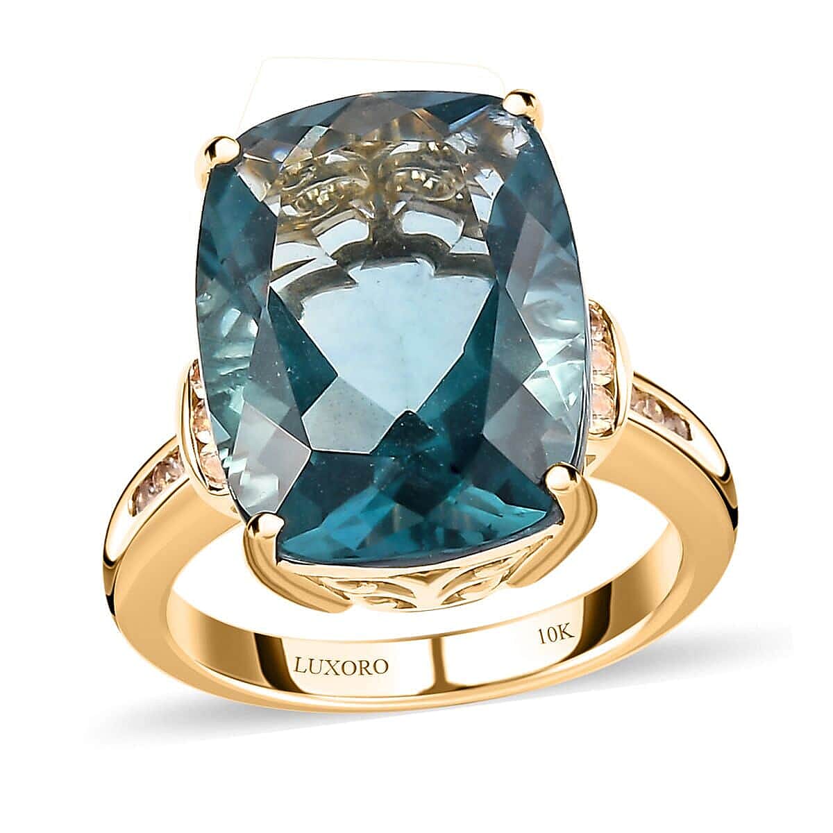 Luxoro 10K Yellow Gold Premium Teal Fluorite, White Sapphire Ring (Size 10.0) (4.30 g) 12.35 ctw