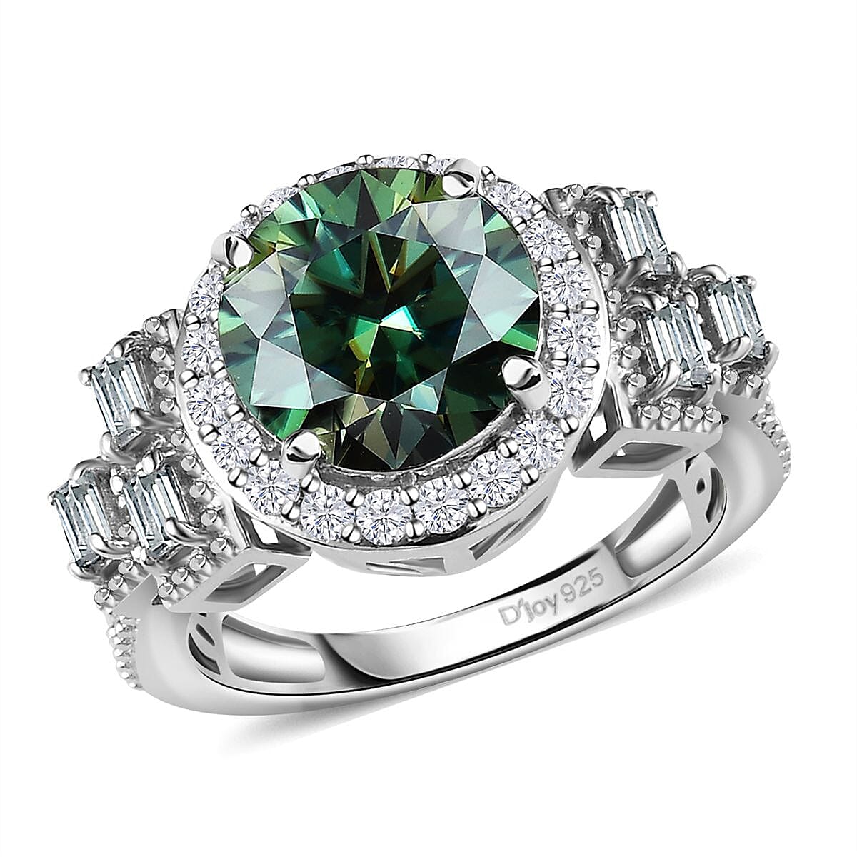 Green Moissanite and Moissanite Halo Ring in Platinum Over Sterling Silver (Size 10.0) 3.30 ctw