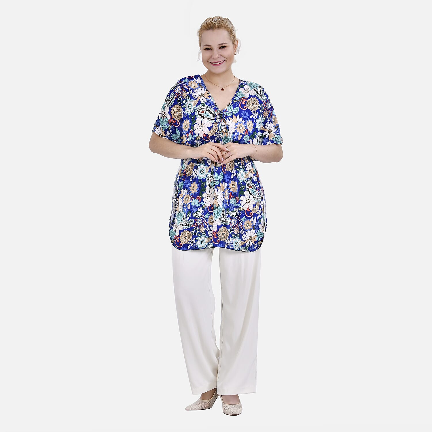 Tamsy Blue Paisley Floral Vneck Top with Kimono Style Arm - One Size Fits Most