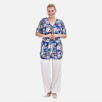 Tamsy Blue Paisley Floral Vneck Top with Kimono Style Arm - One Size Fits Most