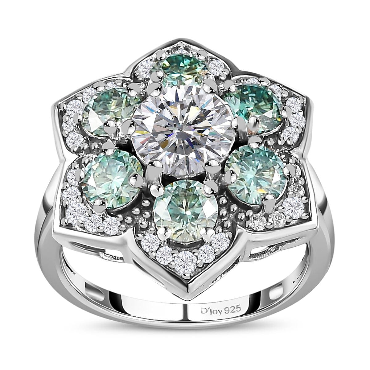 White and Blue Moissanite Floral Ring in Platinum Over Sterling Silver (Size 10.0) 2.75 ctw