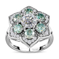 White and Blue Moissanite Floral Ring in Platinum Over Sterling Silver (Size 10.0) 2.75 ctw - Sticky add to cart bar
