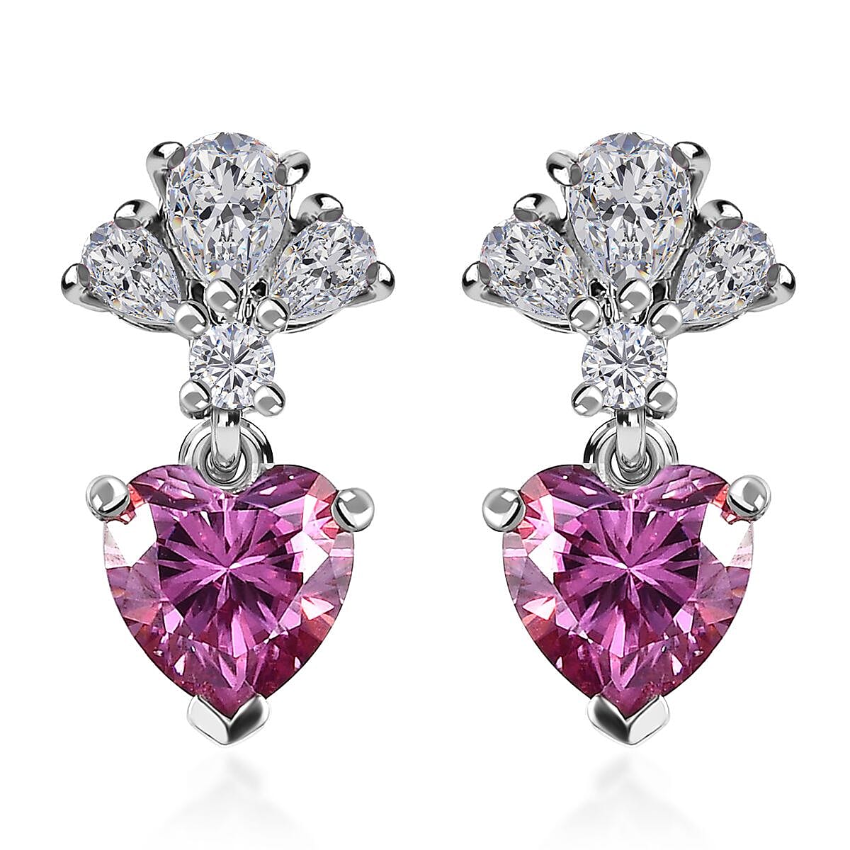 Pink and White Moissanite 2.30 ctw Dangling Earrings in Platinum Over Sterling Silver