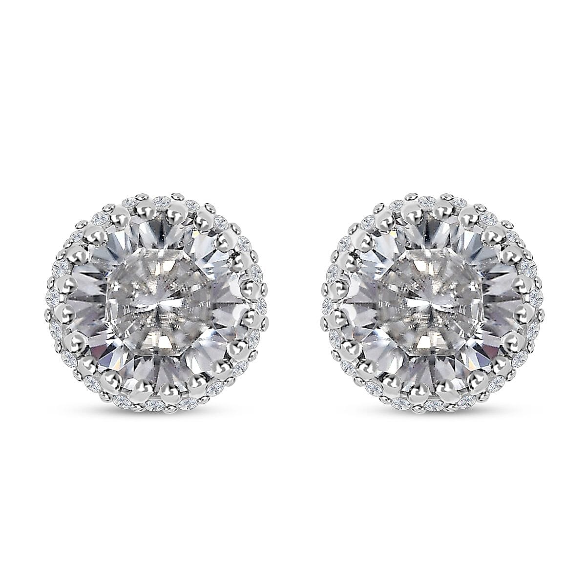Moissanite Halo Stud Earrings in Platinum Over Sterling Silver 2.25 ctw