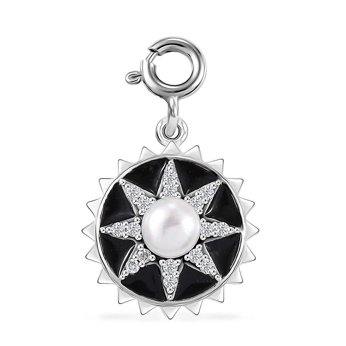White Pearl, Moissanite Charm in Platinum Over Sterling Silver 0.20 ctw