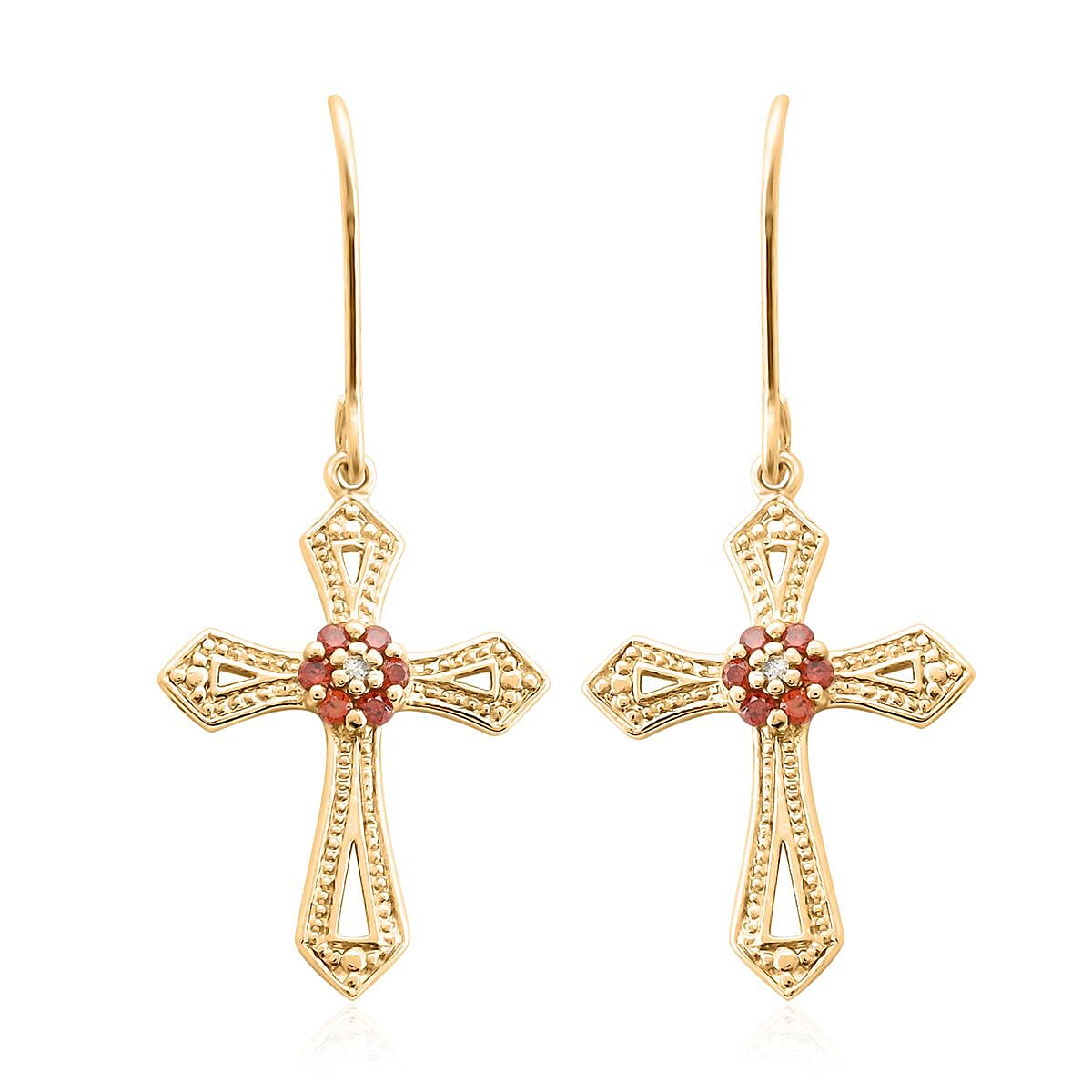 White and Garnet Color Austrian Crystal Cross Earrings in Goldtone