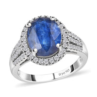 TLV Kashmir Blue Kyanite, Moissanite Halo Ring in Platinum Over Sterling Silver (Size 7.0) 5.20 ctw