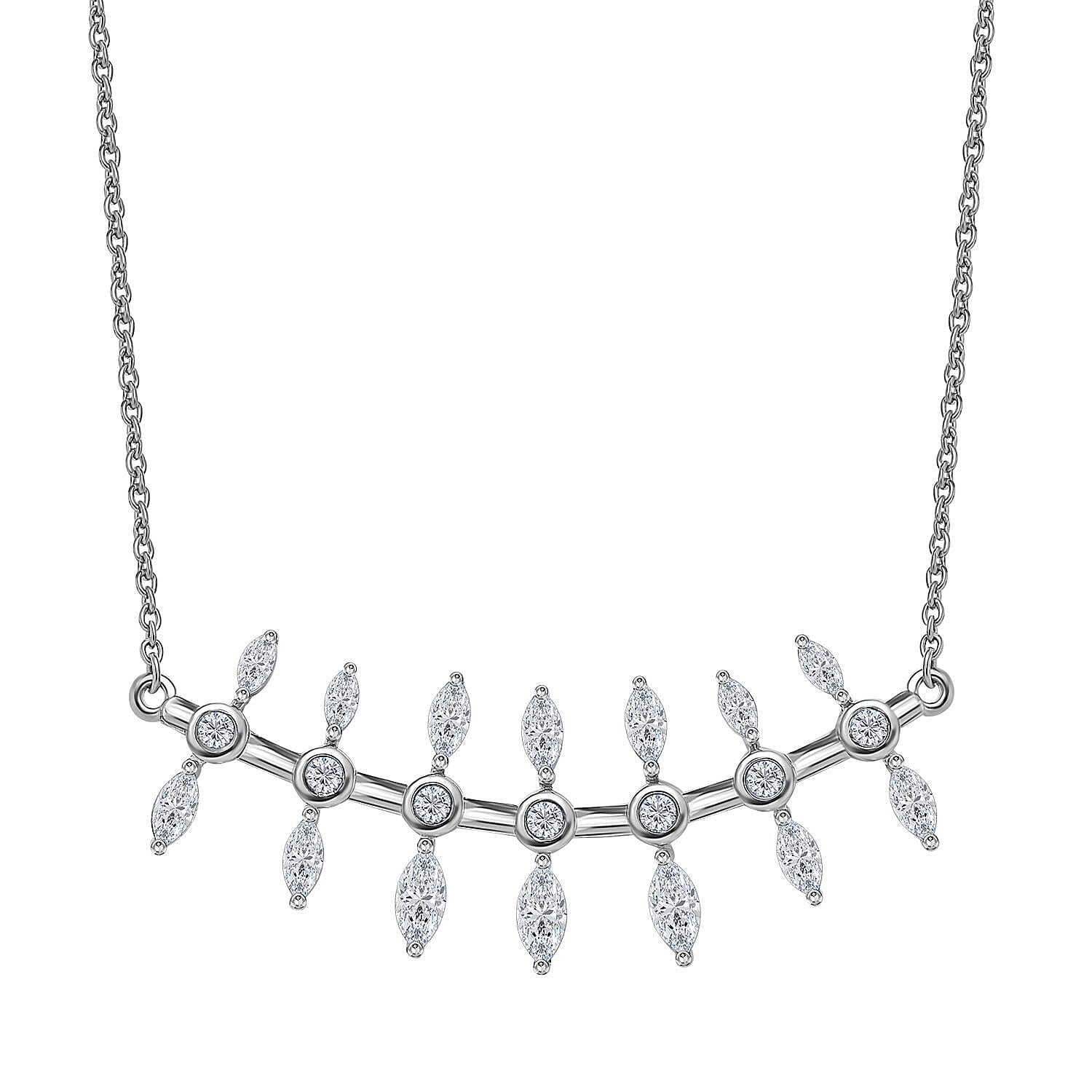 Moissanite Fish Bone Statement Necklace 18 Inches in Platinum Over Sterling Silver 2.10 ctw