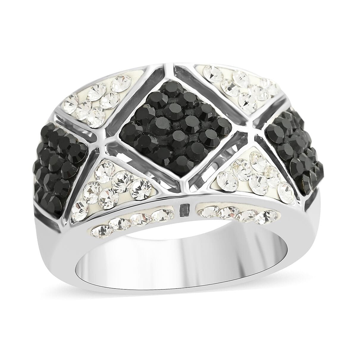 Black and White Austrian Crystal Ring in Silvertone