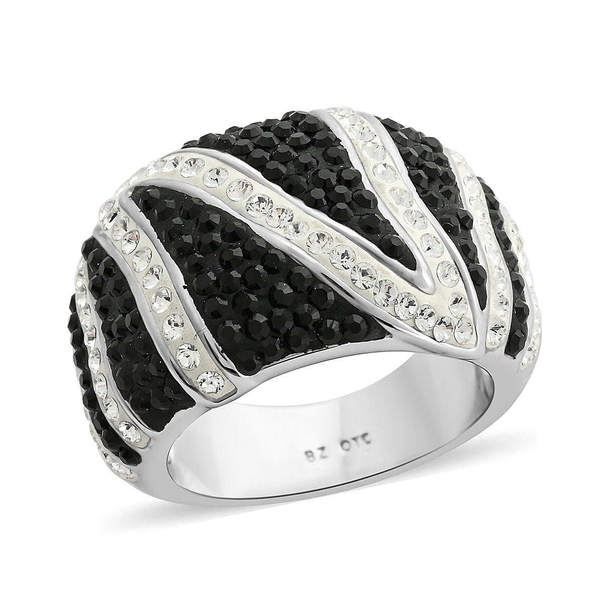 White and Black Austrian Crystal Ring in Silvertone