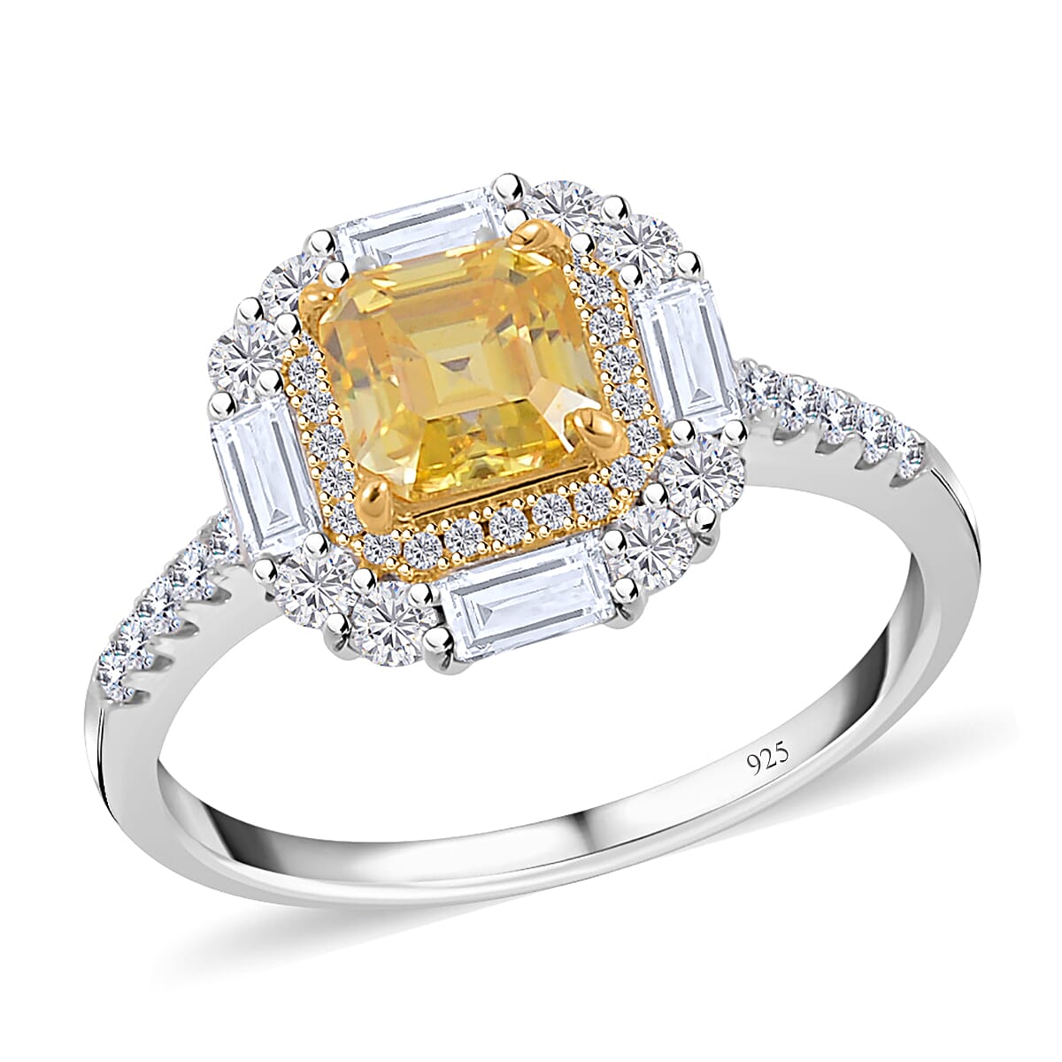 Asscher Cut Light Yellow Moissanite (6x6mm), Moissanite Halo Ring in Rhodium Over Sterling Silver (Size 10.0) 1.90 ctw