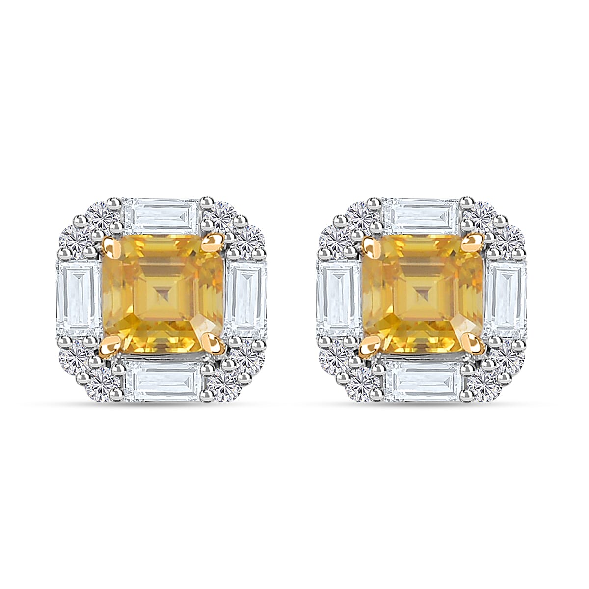 Asscher Cut Yellow Moissanite and Moissanite Halo Stud Earrings in Rhodium Over Sterling Silver 3.15 ctw