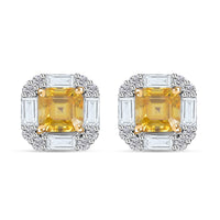 Asscher Cut Yellow Moissanite and Moissanite Halo Stud Earrings in Rhodium Over Sterling Silver 3.15 ctw