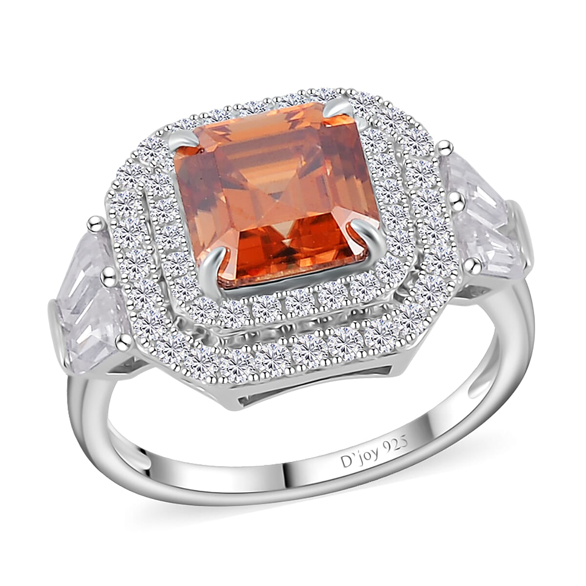Asscher Cut Mocha Coffee Color Moissanite (8x8mm) Double Halo Ring in Rhodium Over Sterling Silver (Size 10.0) 4.00 ctw