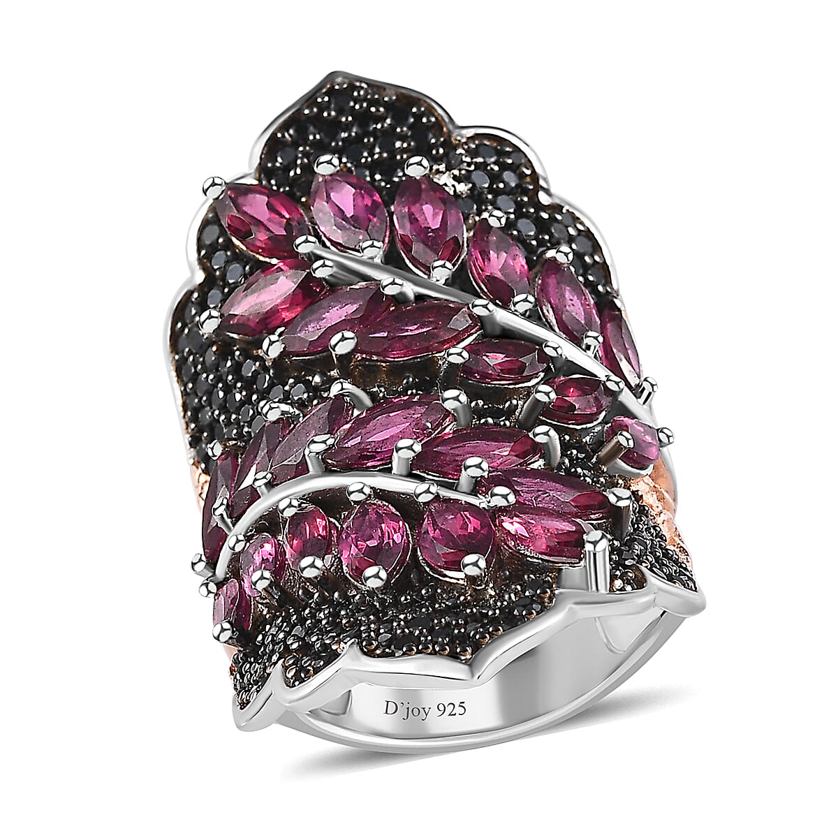 Premium Orissa Rhodolite Garnet, Thai Black Spinel Elongated Ring in Vermeil RG and Platinum Over Sterling Silver (Size 5.0) 7.60 ctw