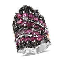 Premium Orissa Rhodolite Garnet, Thai Black Spinel Elongated Ring in Vermeil RG and Platinum Over Sterling Silver (Size 5.0) 7.60 ctw