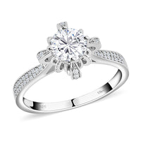 Moissanite (Rnd 6.5mm) Sunburst Ring in Rhodium Over Sterling Silver (Size 10.0) 0.40 ctw