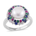 White Freshwater Pearl and Simulated Multi Color Diamond Ring in Silvertone (Size 10.0) 0.50 ctw - Sticky add to cart bar