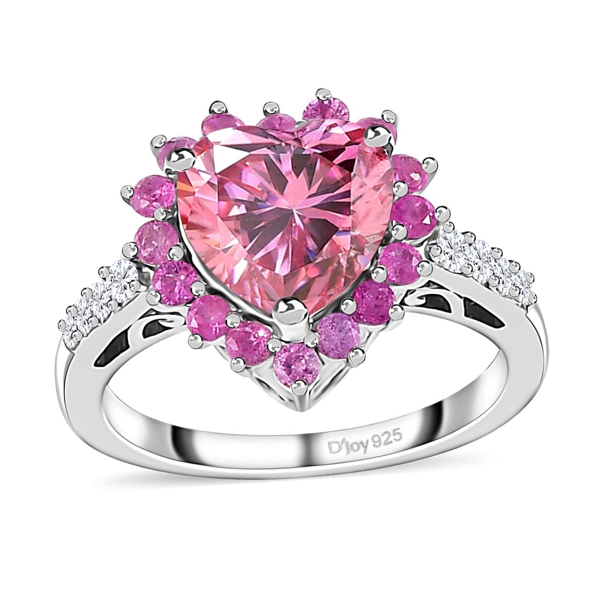 Pink and White Moissanite (Hrt 8mm), Madagascar Pink Sapphire Heart Ring in Platinum Over Sterling Silver (Size 10.0) 2.70 ctw