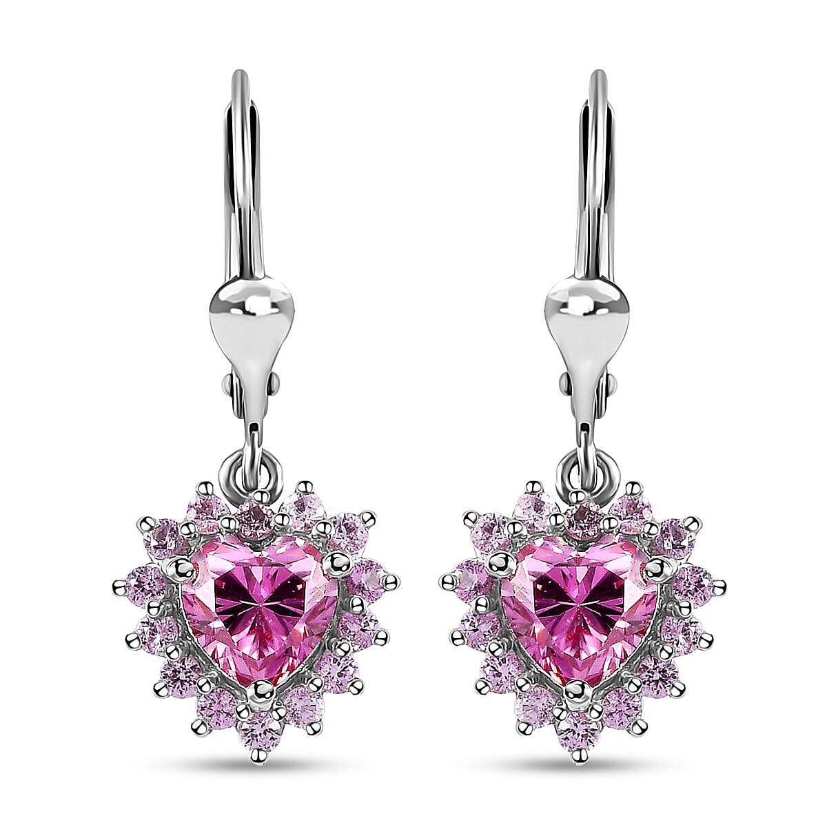 Pink Moissanite and Madagascar Pink Sapphire Heart Lever Back Earrings in Platinum Over Sterling Silver 2.40 ctw