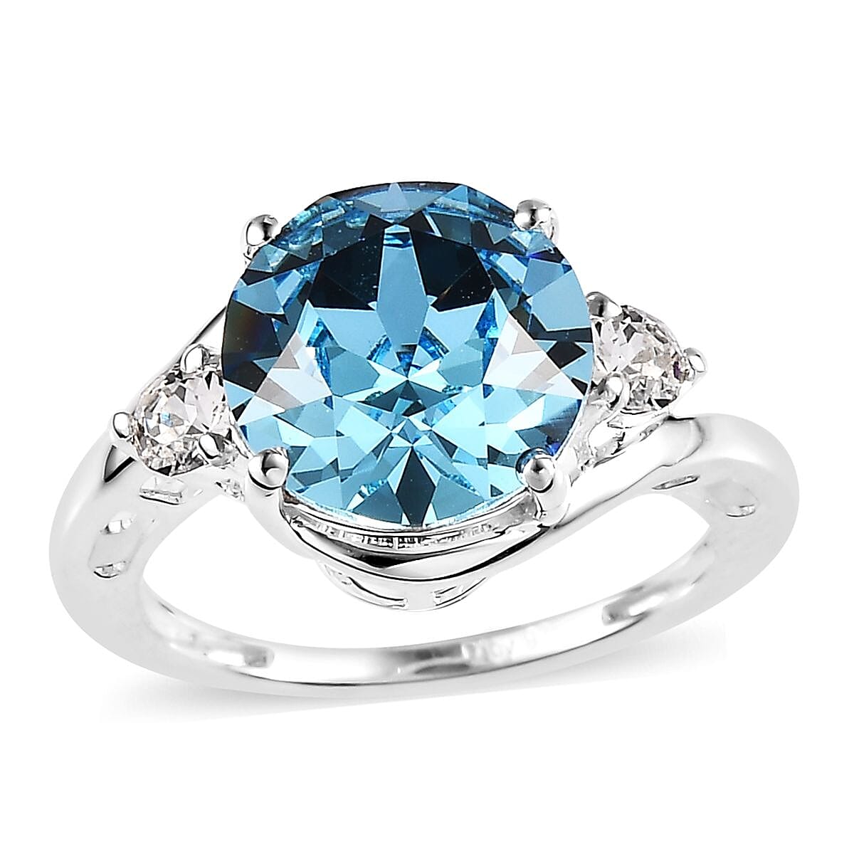 Designer Premium Aquamarine Color and White Austrian Crystal 3 Stone Ring in Sterling Silver (Size 10.0)