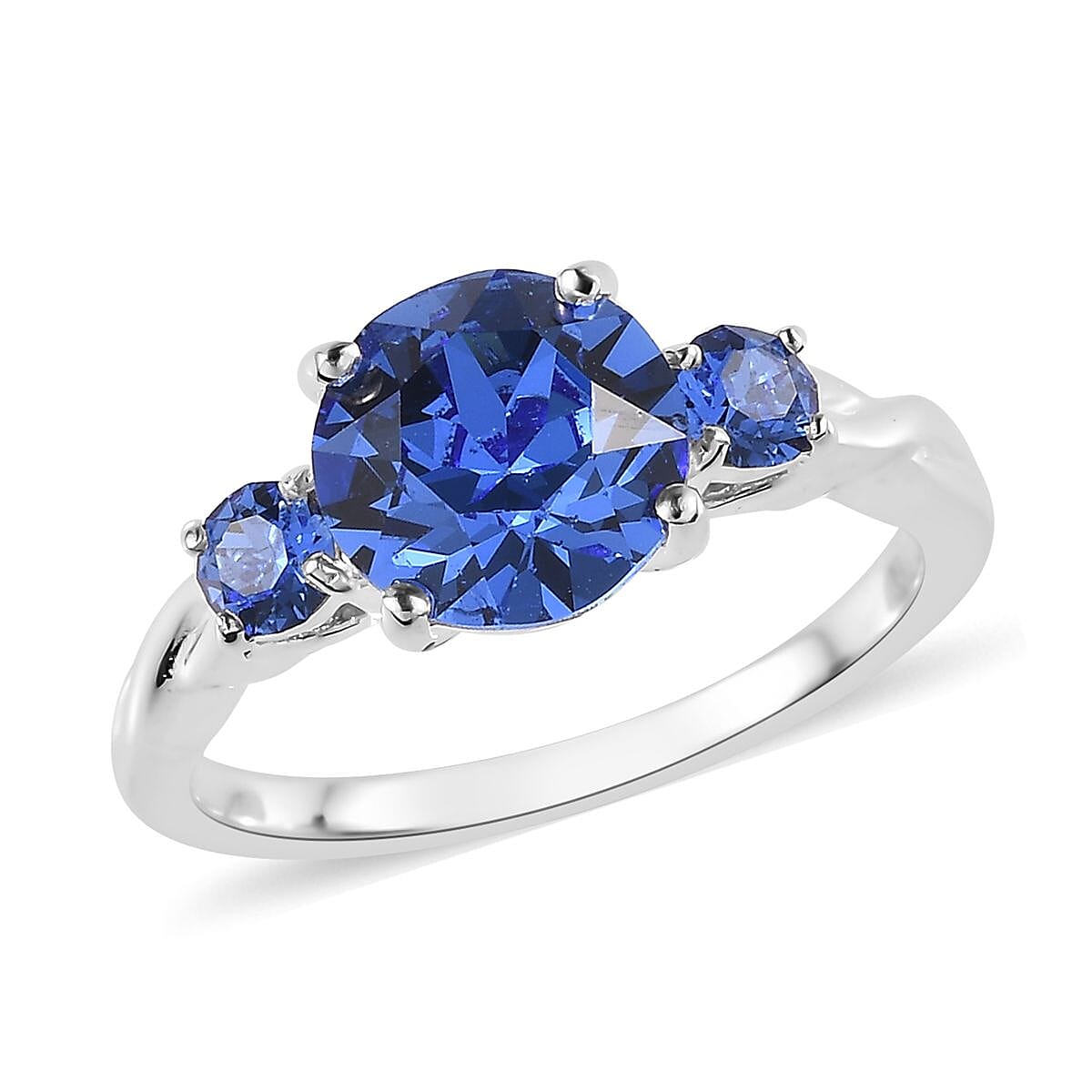 Sapphire Color Crystal 3 Stone Ring in Sterling Silver (Size 10.0)