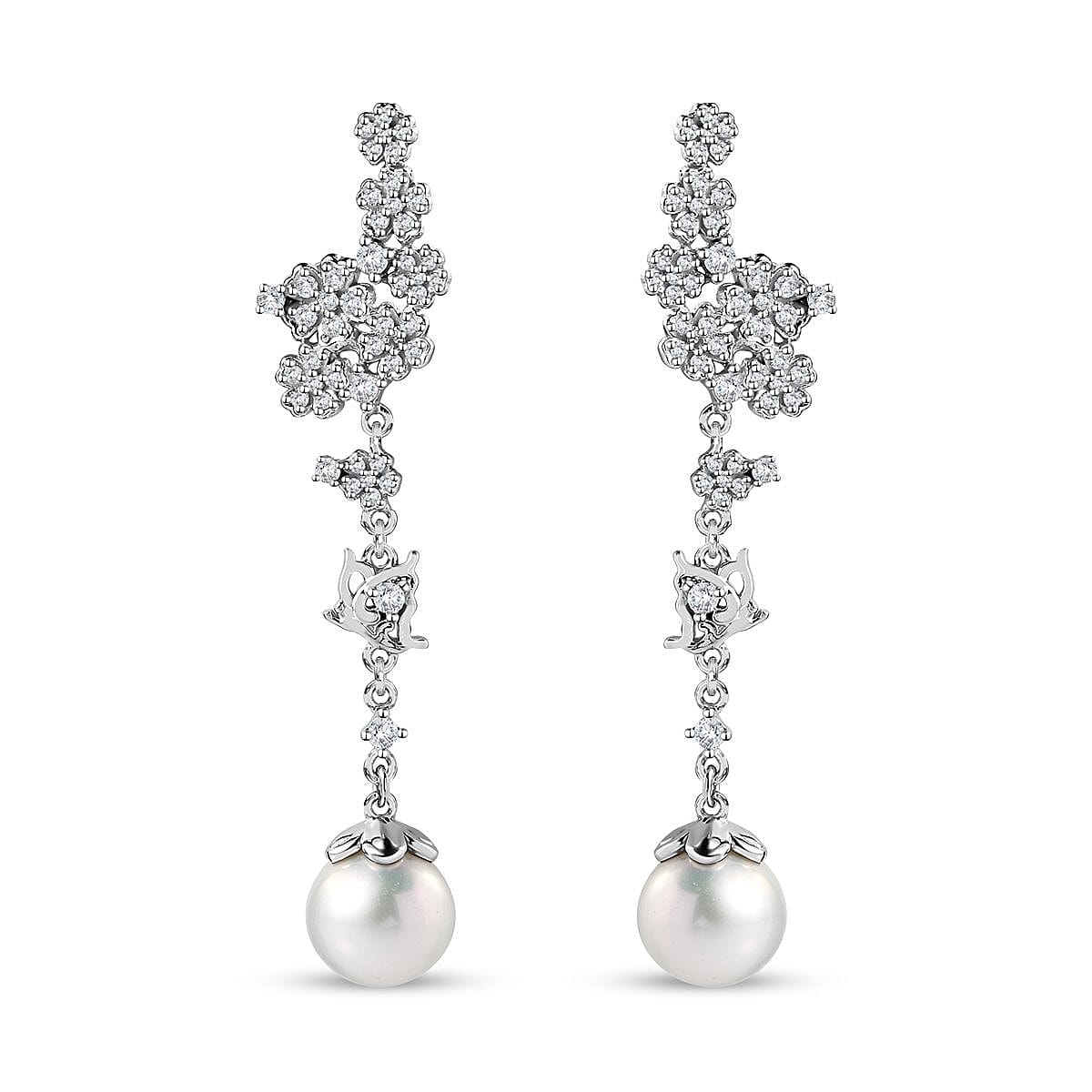 White Freshwater Pearl and Moissanite Statement Floral Ear Climber Drop Earrings in Rhodium Over Sterling Silver 1.20 ctw
